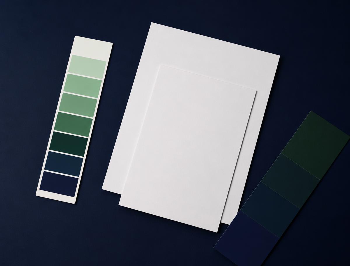 Abstract colour swatch strips and blank print sheets on navy